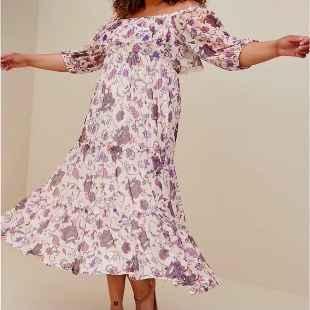 Torrid Off-Shoulder Puff Sleeves Floral Mesh Tiered Ruffle Maxi Dress Torrid 2X